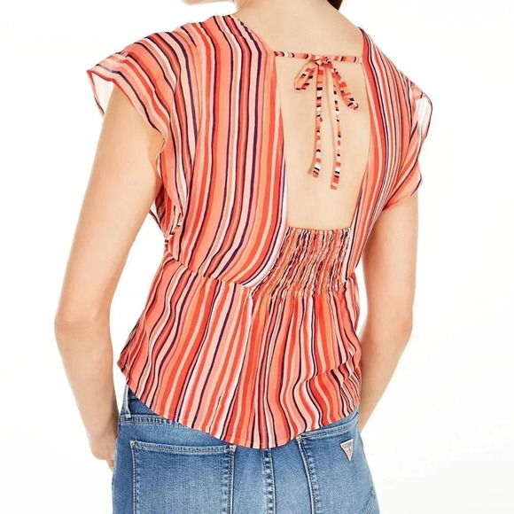 Guess New Women’s XS Marrah Striped Flutter-Sleeve Top - Picture 2 of 10